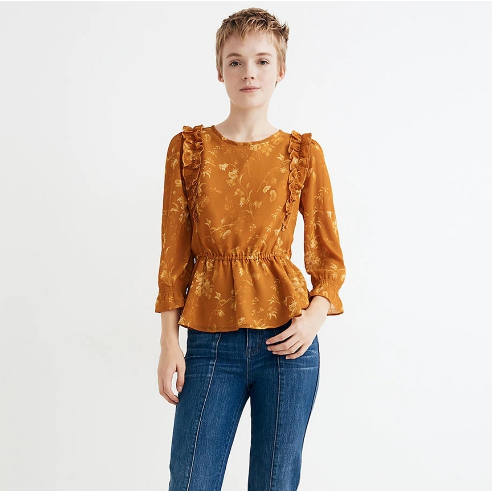 Ruffle-Shoulder Peplum Top in Tonal Botanical